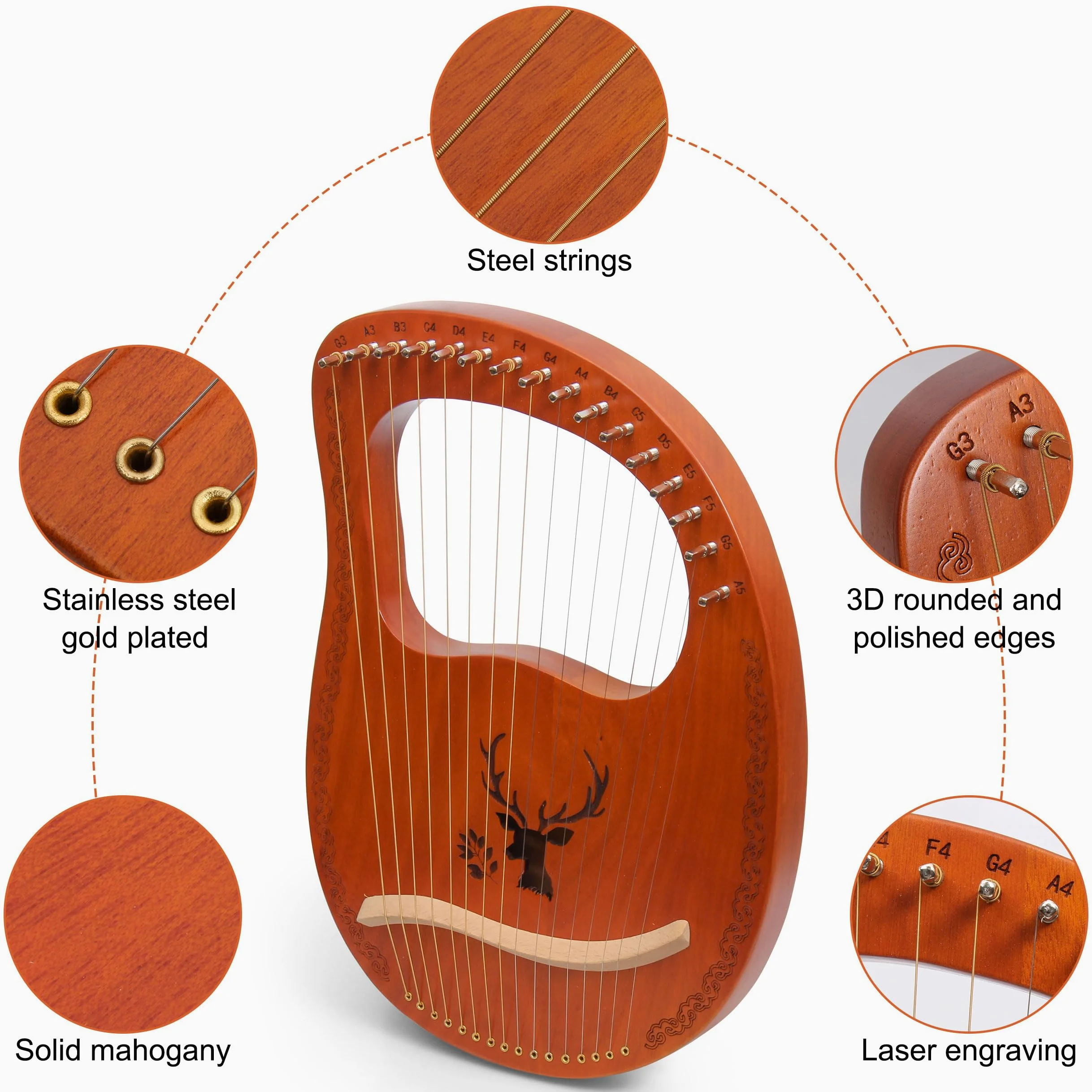 Lyre Harpe 16 Cordes Métalliques en Acajou Petite Harpe Portable Harpe Lyre Métal Selle avec Clé de Réglage et Housse Noire, Marron, Motif d'élan