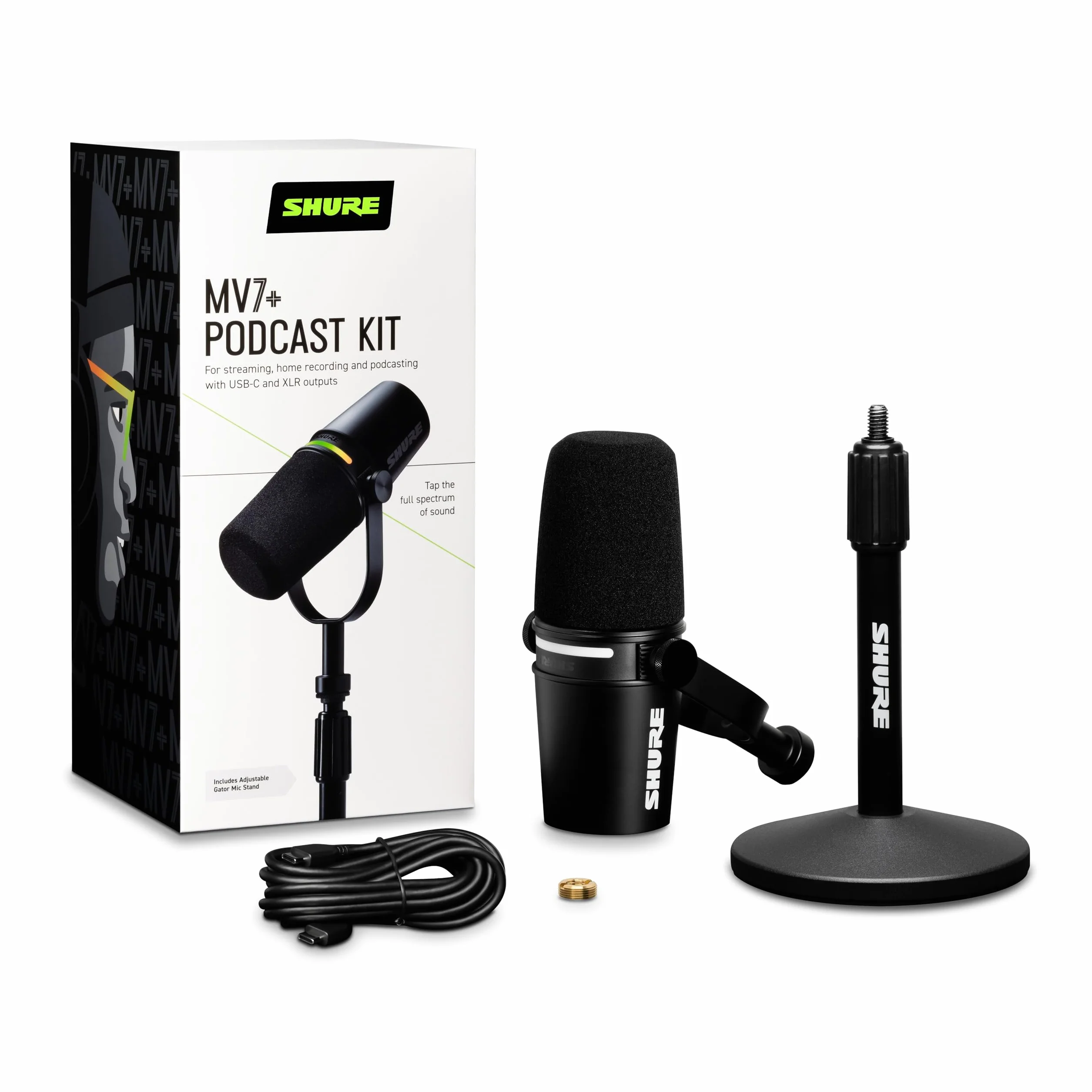Shure MV7+ Microphone pour Podcast avec Pied de Micro-Audio amélioré, Bandeau Tactile LED, Sorties USB-C et XLR, Mode Auto Level, Filtre Anti-Pop numérique, réverbération intégrée, podcasting - Noir