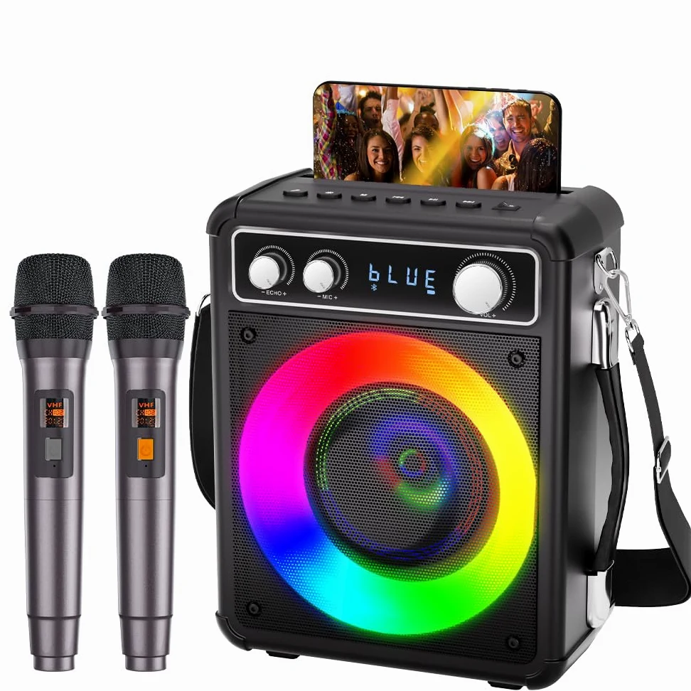 BONAOK Machine Karaoké, Système Karaoké Bluetooth avec 2 Microphones, Machine Karaoké Rechargeable, Boîte à Musique avec Effet Lumineux, Support TF USB pour Soirée à Domicile